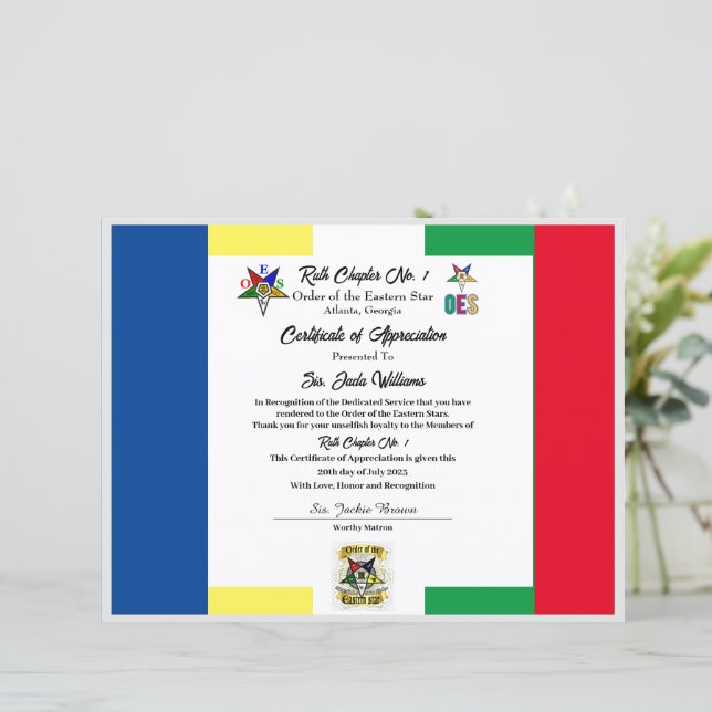 OES Certificate of Appreciation (Standing Front)