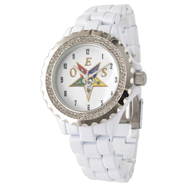 OES Custom Women's Rhinestone White Enamel Watch (Angled)