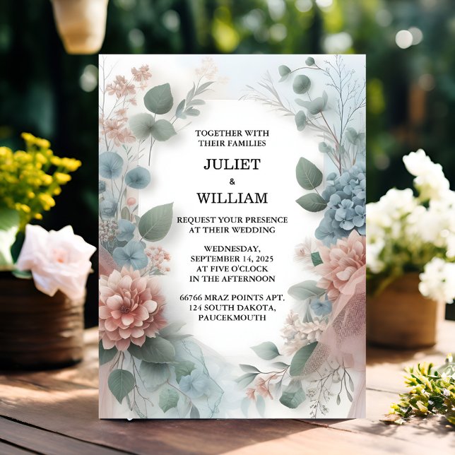 Of Eucalyptus Lace Tulle Pastel Dusty Blue Wedding Invitation (Creator Uploaded)