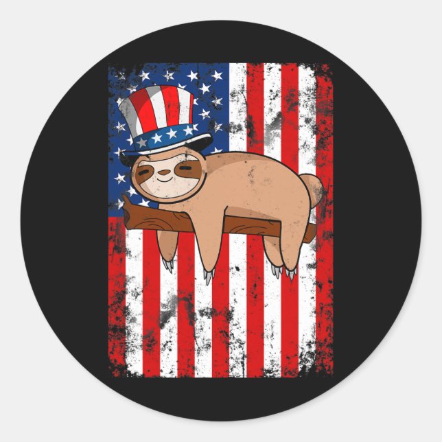 Of July Cute Sloth Usa American Flag Independence  Classic Round Sticker (Front)