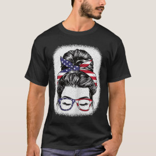 Of July Messy Bun American Flag Patriotic Women Gi T-Shirt