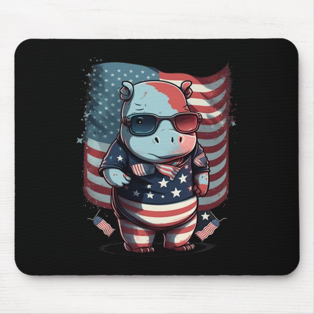Of July Patriotic Hippo Us Flag  Mouse Pad (Front)