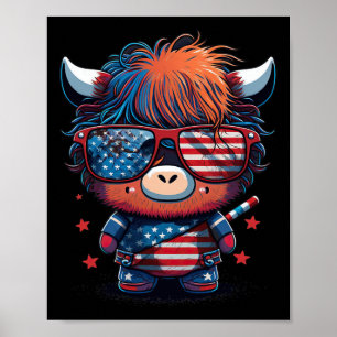 Of July Patriotic Scottish Highland Cow Us Flag  Poster