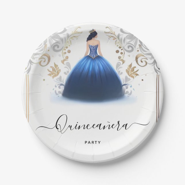 Of Ombre ivory Ice Sky Gold Royal Blue Quinceanera Paper Plate (Front)
