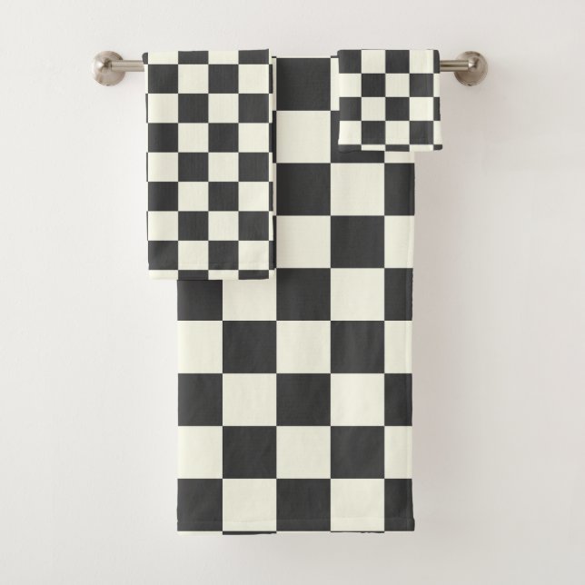 Off Black and Off White Chequerboard Bath Towel Set (Insitu)