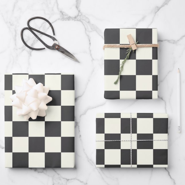 Off Black and Off White Chequerboard Wrapping Paper Sheet (Front)