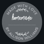 Off-Black Made With Love Homemade Food Jar  Classic Round Sticker<br><div class="desc">Off-black “Made With Love” homemade sticker with clean white typography and a hand-lettered script design. Perfect for sealing baked goods, jam jars, cookies, bread, pie boxes, small business packaging, party favours, and handmade gifts. Features a customisable name line, making it ideal for home bakers, makers, and small brands looking for...</div>