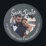 Off-Black Photo Modern Script Save the Date Magnet<br><div class="desc">Off-black photo modern script save the date magnet featuring a heart-shaped photo window, deep off-black background, and hand-lettered script text in white. This design places your engagement photo at the centre while clearly presenting the wedding date and location in a refined, contemporary colour palette. Ideal for formal weddings, evening celebrations,...</div>