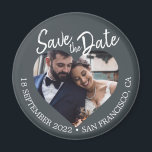 Off-Black Photo Modern Script Save the Date Magnet<br><div class="desc">Off-black photo modern script save the date magnet featuring a heart-shaped photo window, deep off-black background, and hand-lettered script text in white. This design places your engagement photo at the centre while clearly presenting the wedding date and location in a refined, contemporary colour palette. Ideal for formal weddings, evening celebrations,...</div>