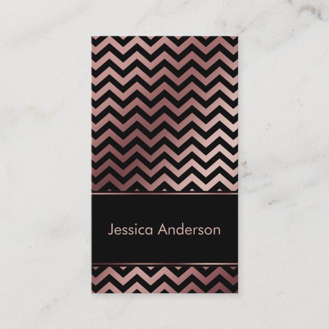 Off-centred Black & Rose Gold Chevron Pattern Business Card (Front)