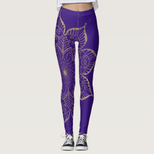 Off-Centred Gold Faux Glitter Mandala on Purple Leggings