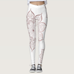 Off-Centred Rose Gold Faux Glitter Mandalas White Leggings