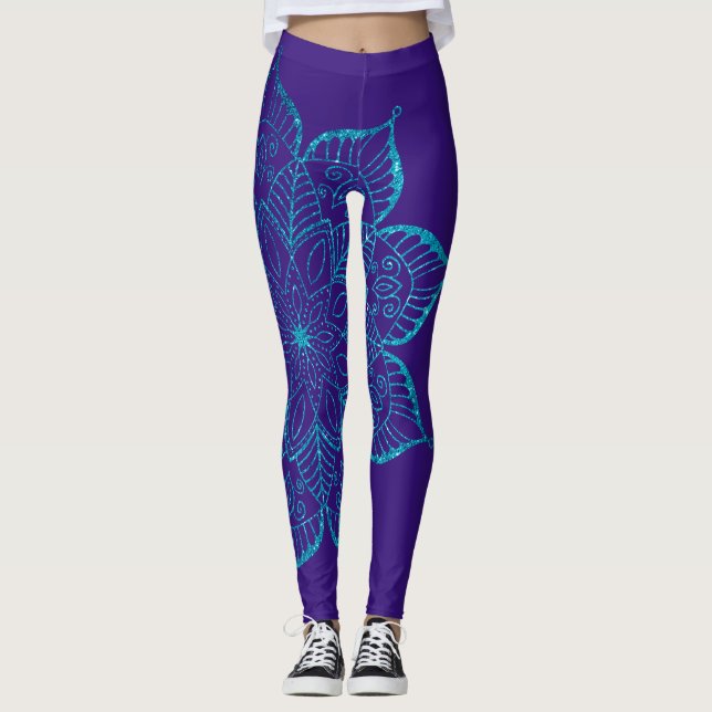 Off-Centred Teal Faux Glitter Mandala on Purple Leggings (Front)