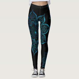 Off-Centred Teal Faux Glitter Mandalas on Black Leggings