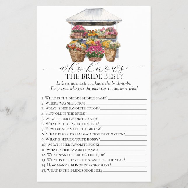 Off The Market Floral Shop Bridal Shower Game Flyer (Front)