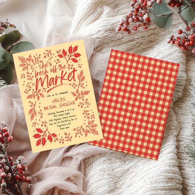 Off the Market Red Yellow Christmas Bridal Shower Invitation (Front and back view)