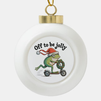 Off To Be Jolly Christmas Xmas Funny Frog Scooter Ceramic Ball Christmas Ornament