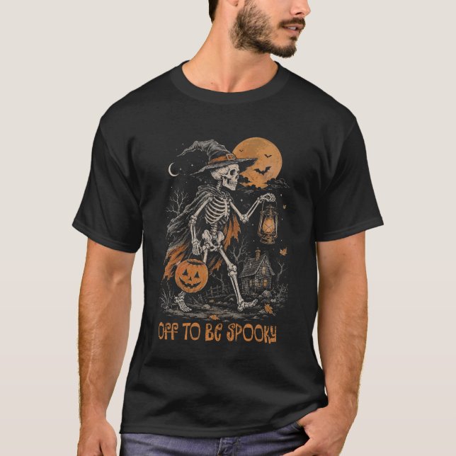 Off To Be Spooky Halloween Skeleton Graphic Tee (Front)
