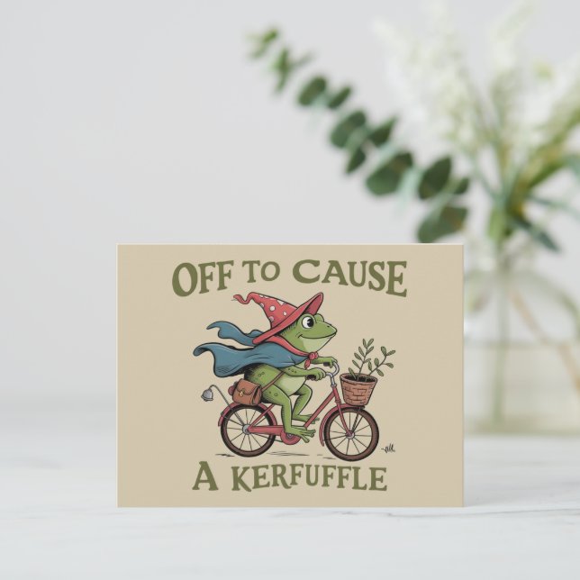 Off to Cause a Kerfuffle Frog Sarcastic Funny Meme Postcard (Standing Front)