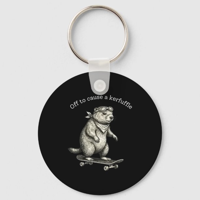Off To Cause A Kerfuffle Funny Groundhog Skateboar Key Ring (Front)