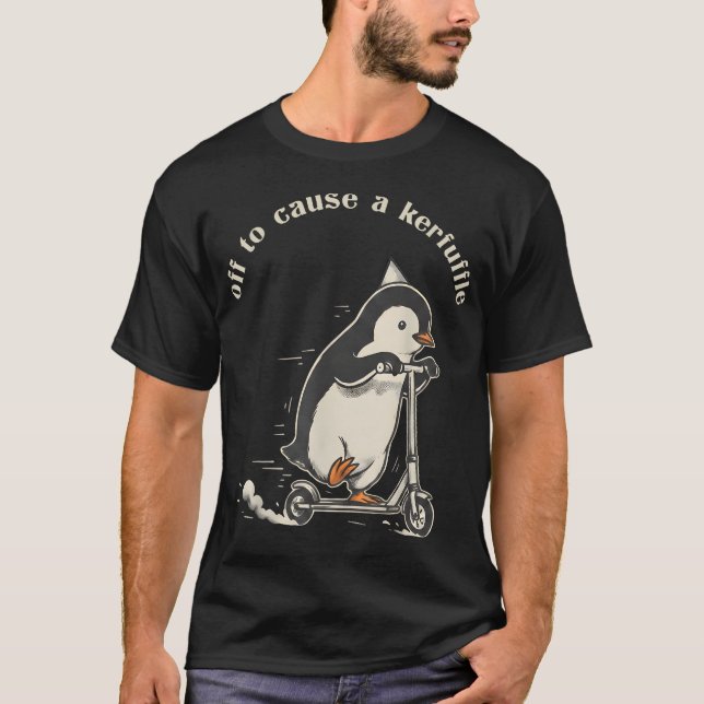 Off To Cause A Kerfuffle Funny Penguin Riding T-Shirt (Front)
