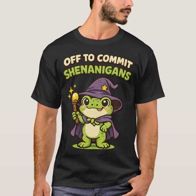 Off To Commit Shenanigans Funny Dark Fantasy Frog T-Shirt (Front)