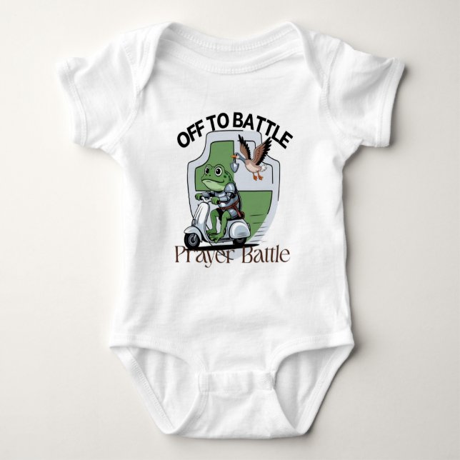 Off to Prayer Battle – Funny Frog & Goose Warrior Baby Bodysuit (Front)