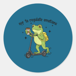Off to regulate emotions funny frog on scooter classic round sticker
