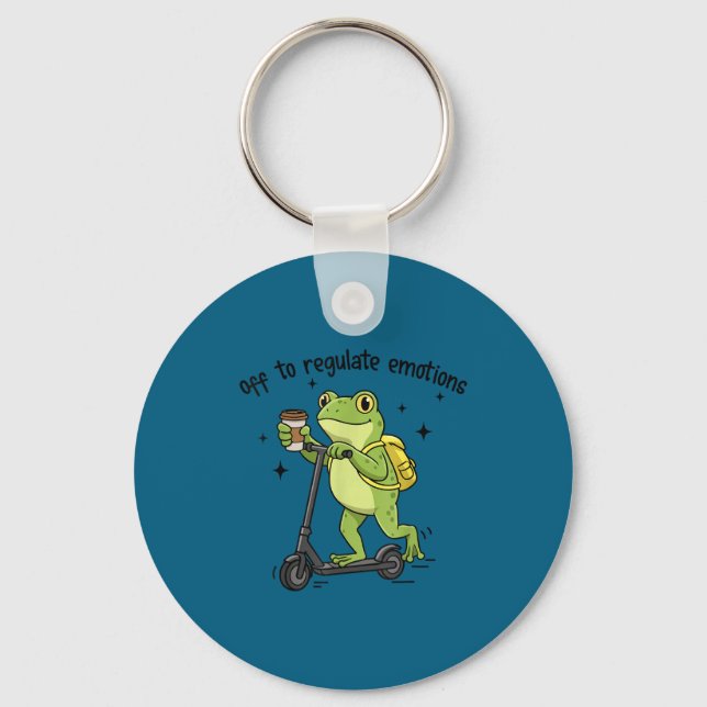 Off to regulate emotions funny frog on scooter  key ring (Front)