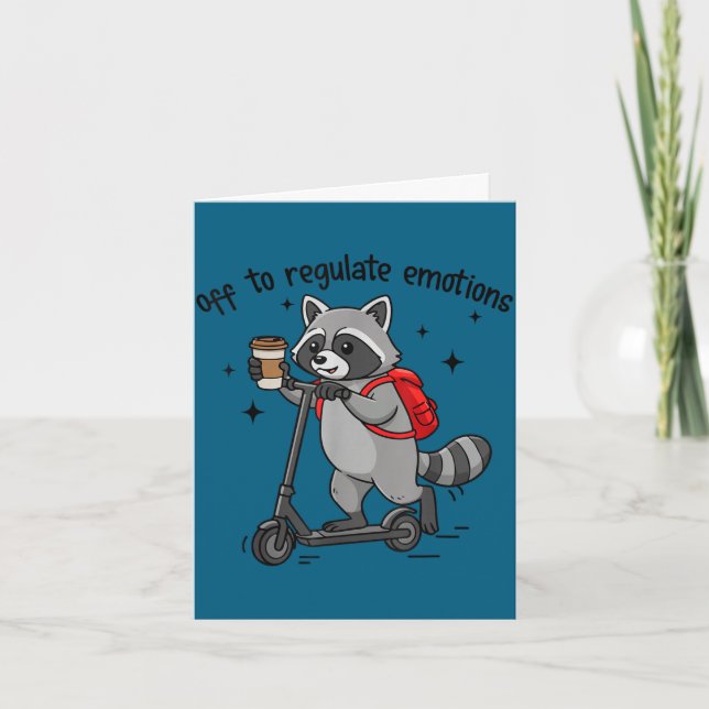 Off to regulate emotions funny raccoon on scooter  card (Front)