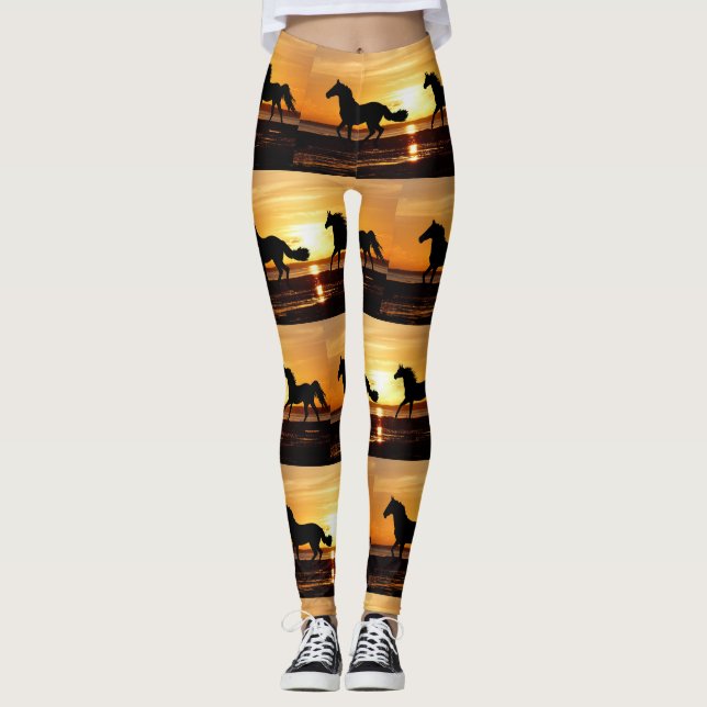 Off to the Races Horse Running at Sunset Leggings (Front)