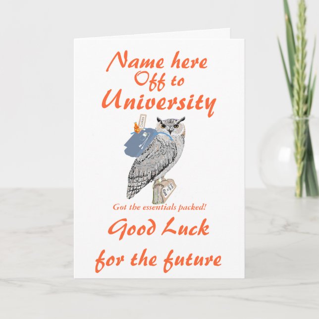 Off to University Best wishes, Owl, add name front Card (Front)