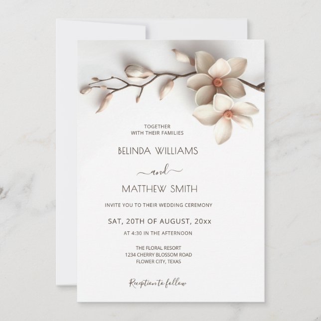 Off White 3 D Magnolia Flower Wedding Invitation (Front)