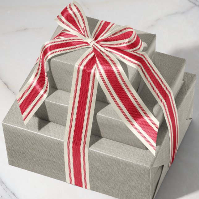 Off-White and Classic Red Ticking Tape Ribbon Grosgrain Ribbon (festive Christmas cherry red French ticking stripe patterned satin ribbon)