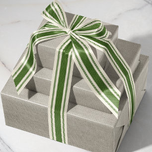 Off-White and Forest Green Ticking Tape Ribbon Grosgrain Ribbon