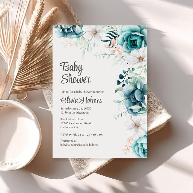 Off-White and Teal Floral Baby Shower Invitation (Off-White and Teal Floral Baby Shower Invitation on a neutral boho table.)