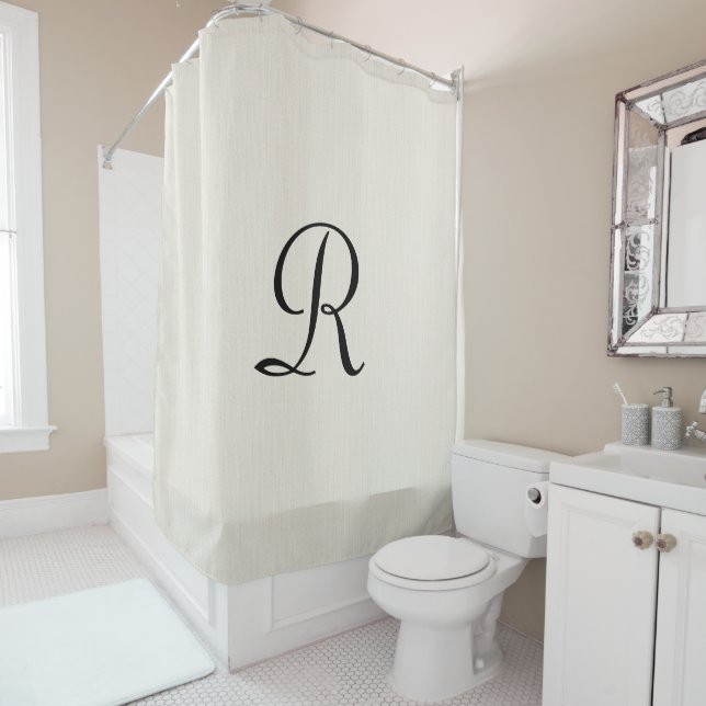 Off White Faux Burlap Shower Curtain Monogram (In Situ)
