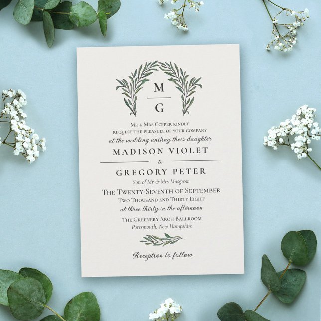 Off White Green Arch Wreath Monogram Wedding Invitation (Creator Uploaded)