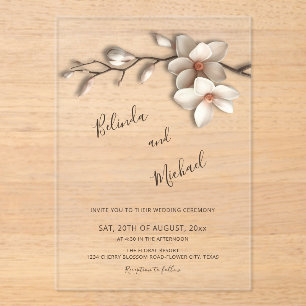Off White Magnolia Faux Relief Flower Wedding Acrylic Invitations