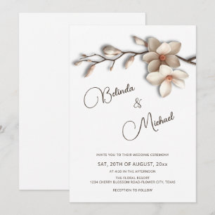 Off White Magnolia Faux Relief Flower Wedding Invitation
