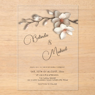 Off White Magnolia Raised Effect Flower Wedding Acrylic Invitations