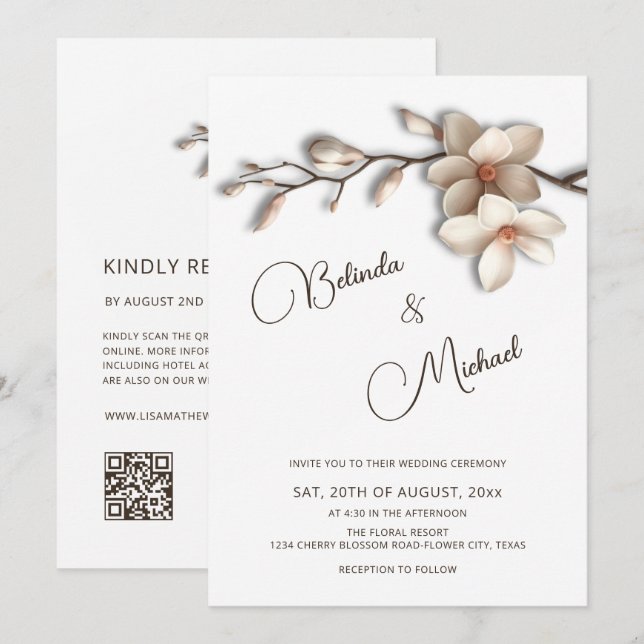 Off White Magnolia Raised Effect  Flower Wedding Invitation (Front/Back)