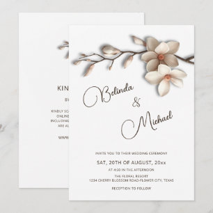 Off White Magnolia Raised Effect  Flower Wedding Invitation