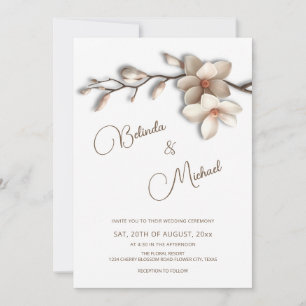 Off White Magnolia Raised Effect  Flower Wedding Invitation