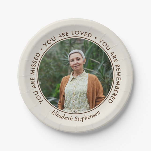 Off-White Missed Loved Remembered Photo Memorial Paper Plate (Front)