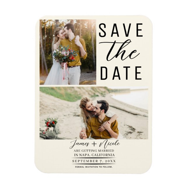 Off White Modern 2 Photos Save the Date Wedding Magnet (Vertical)