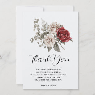 Off-White & Red Roses Floral Bouquet Thank You Card