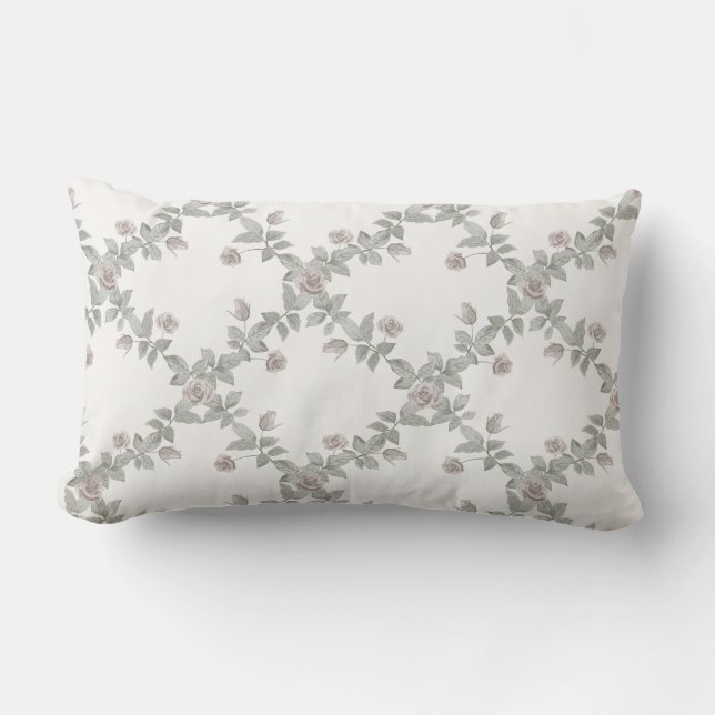 Off-White Taupe Rose Sage Trellis Pattern Lumbar Cushion (Front)