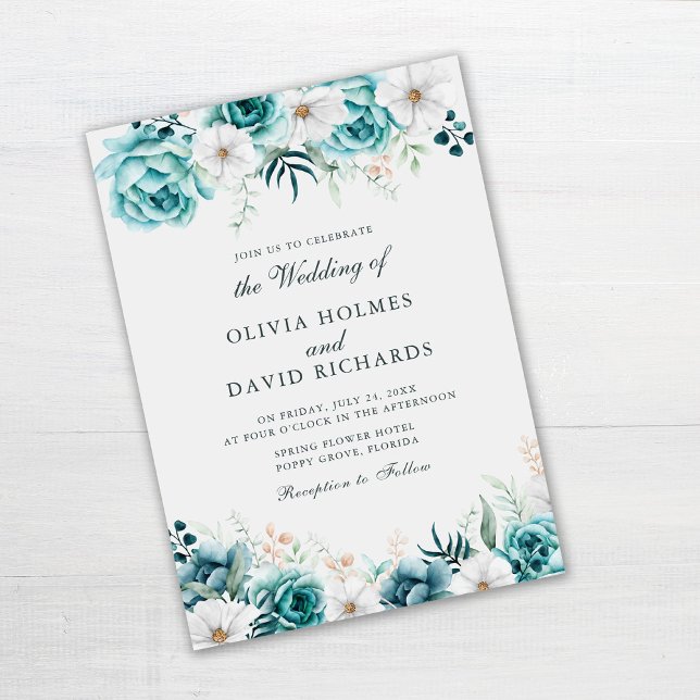 Off-White Teal Floral Wedding Invitation (Off-White Teal Floral Wedding Invitation on gray table)