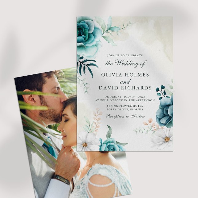 Off-White Teal Wildflowers Photo Wedding Invite (Off-White Teal Wildflowers Photo Wedding Invite on a white table.)